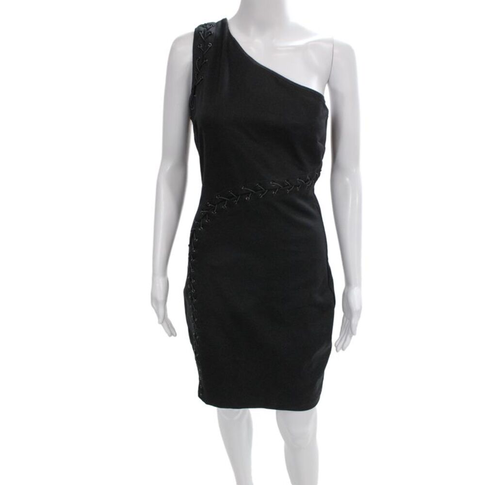 Halston Heritage Women Bodycon Sheath Black Cotton Lace Up Dress Size 4
